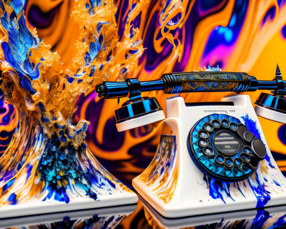 Vibrant vintage rotary telephone with liquid art eruption on psychedelic background