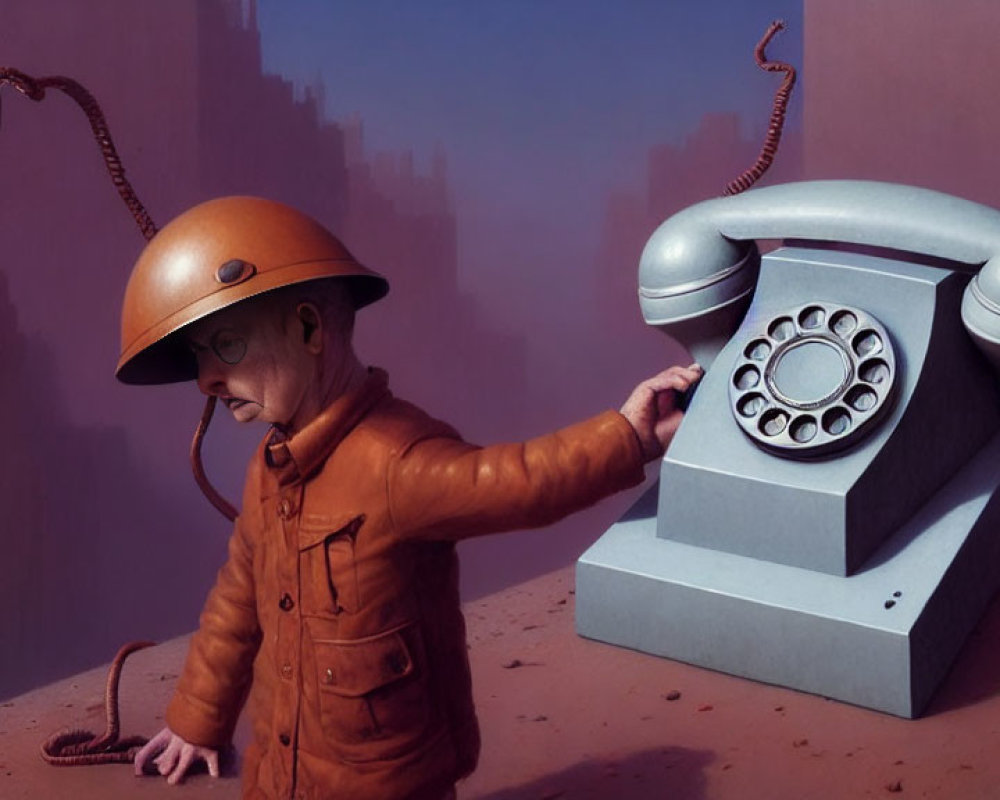 Surreal artwork: person with elongated arm, old-fashioned telephone, desert setting, coils.