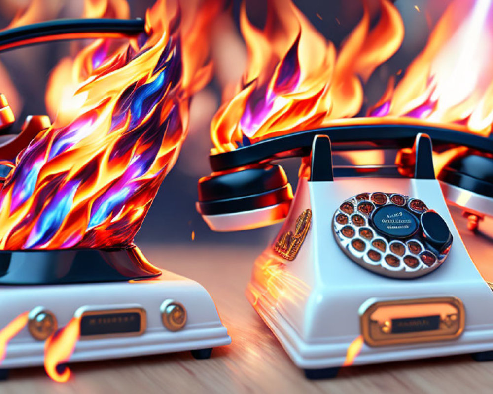 Vintage telephones on wooden surface with one on fire and the other with fiery backdrop