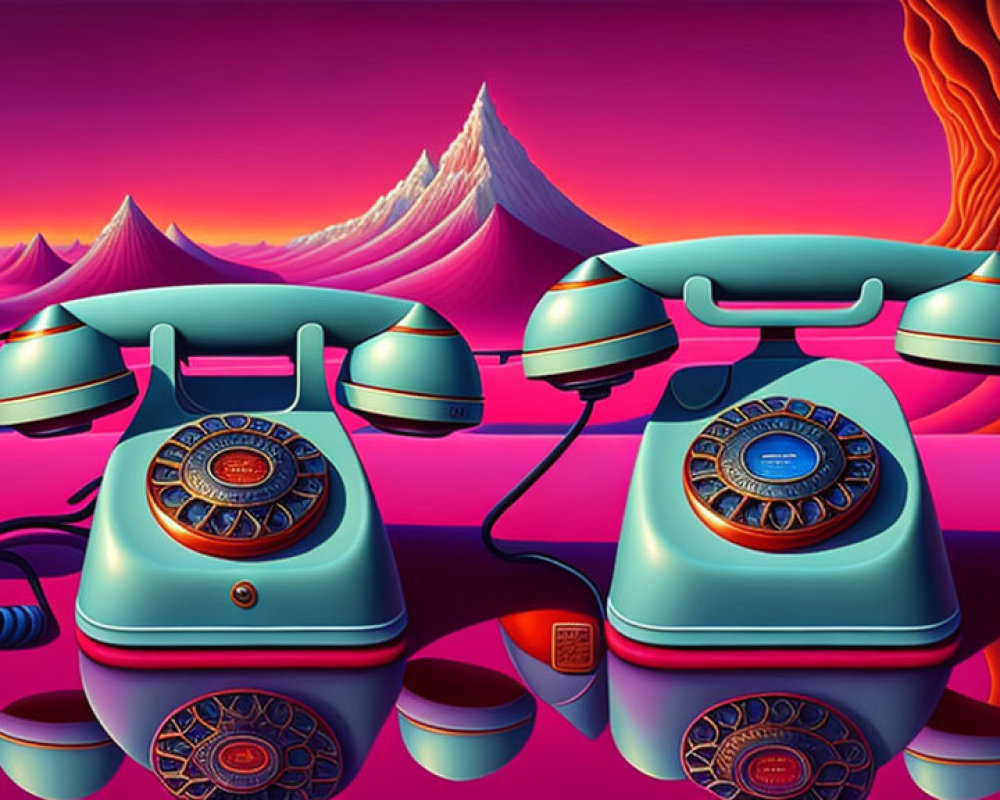 Vintage Rotary Telephones in Turquoise and Blue Colors with Surreal Pink and Purple Landscape