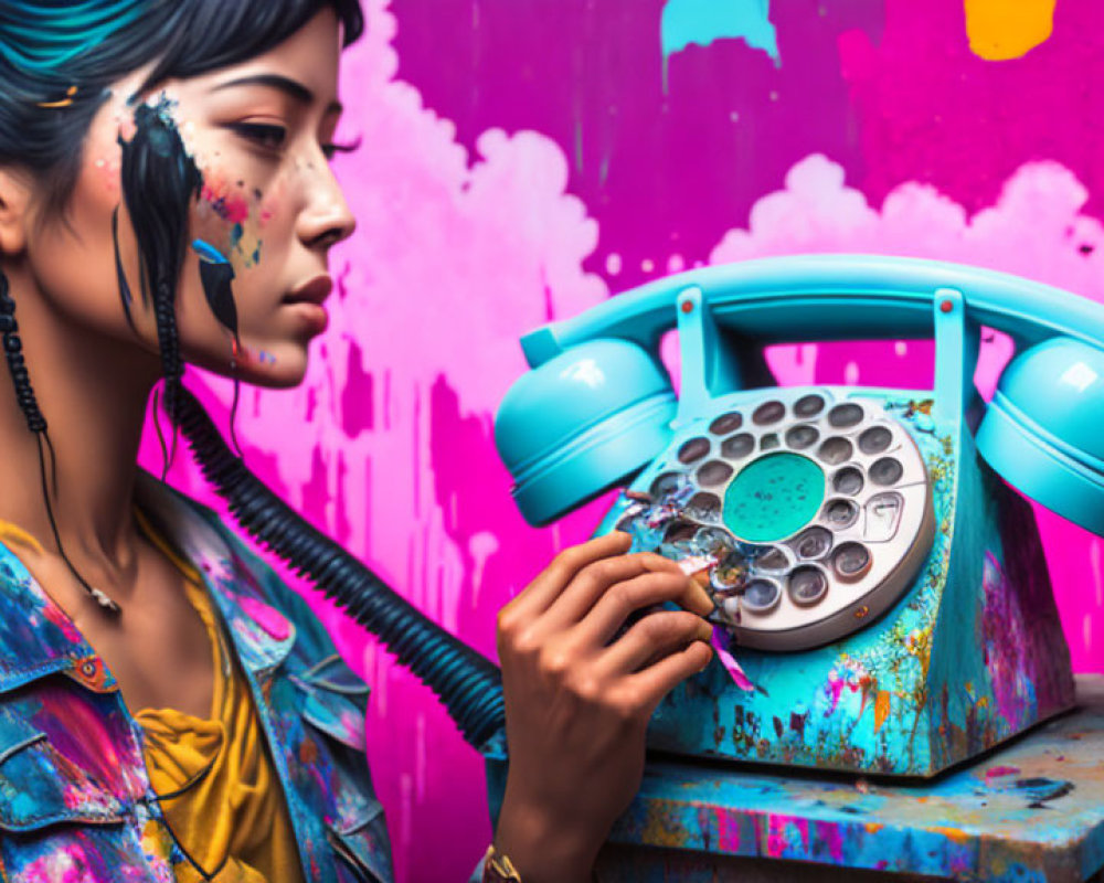 Woman with Blue Streak Hair Holding Vintage Turquoise Phone on Graffiti Background