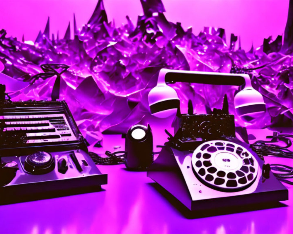 Vintage Telephone and Audio Equipment on Purple Background with Metallic Foil