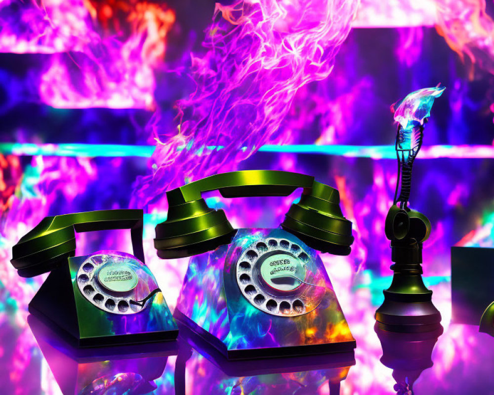 Vintage rotary telephones in surreal flames with neon lighting and reflections.