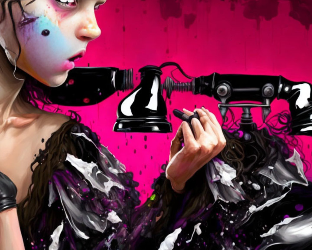 Digital artwork of woman with smeared makeup holding telephone