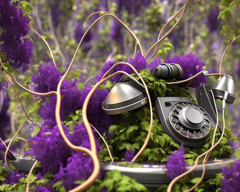 Vintage rotary telephone with purple flowers in mystical forest.