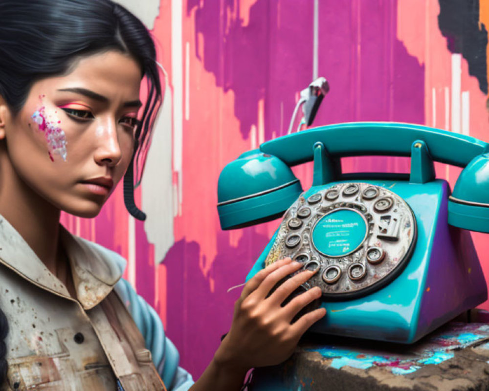 Woman with glitter makeup holding vintage rotary phone against vibrant graffiti wall