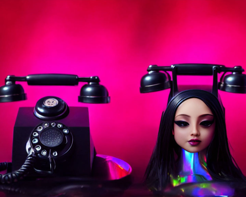 Vintage Black Rotary Phone and Female Doll on Red Background