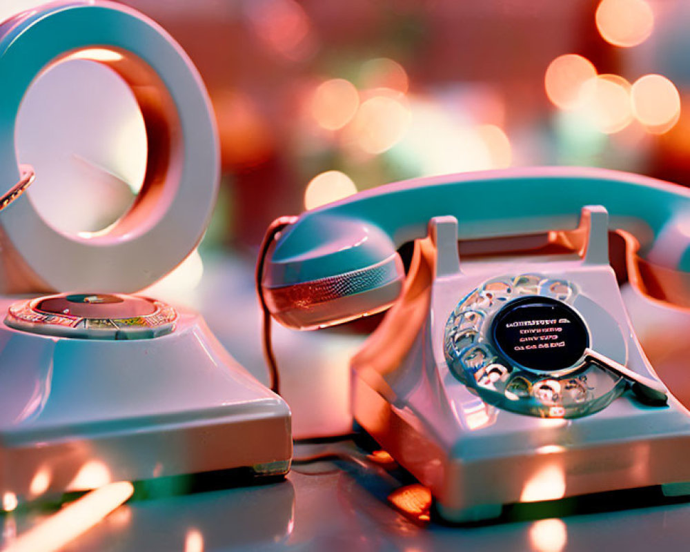 Classic Rotary Dial Telephones with Adhesive Tape on Warm Bokeh Background