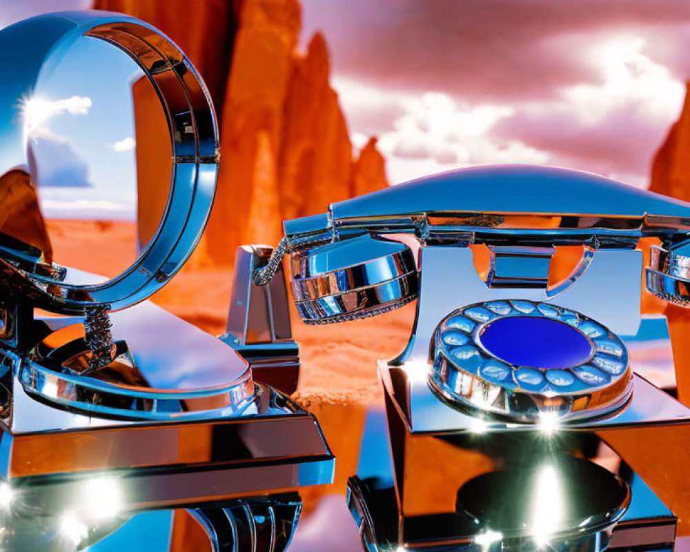 Vintage rotary phone reflecting desert landscape with red rock formations under blue sky.