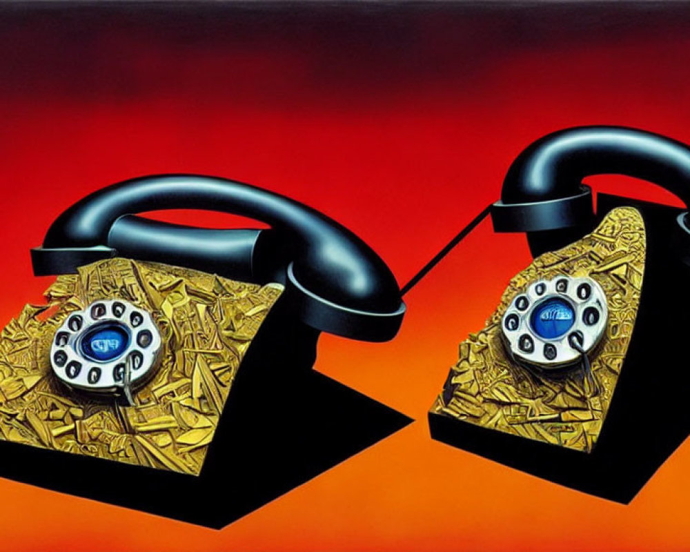 Vintage Telephones Connected with Gold Interiors on Red-Orange Gradient Background