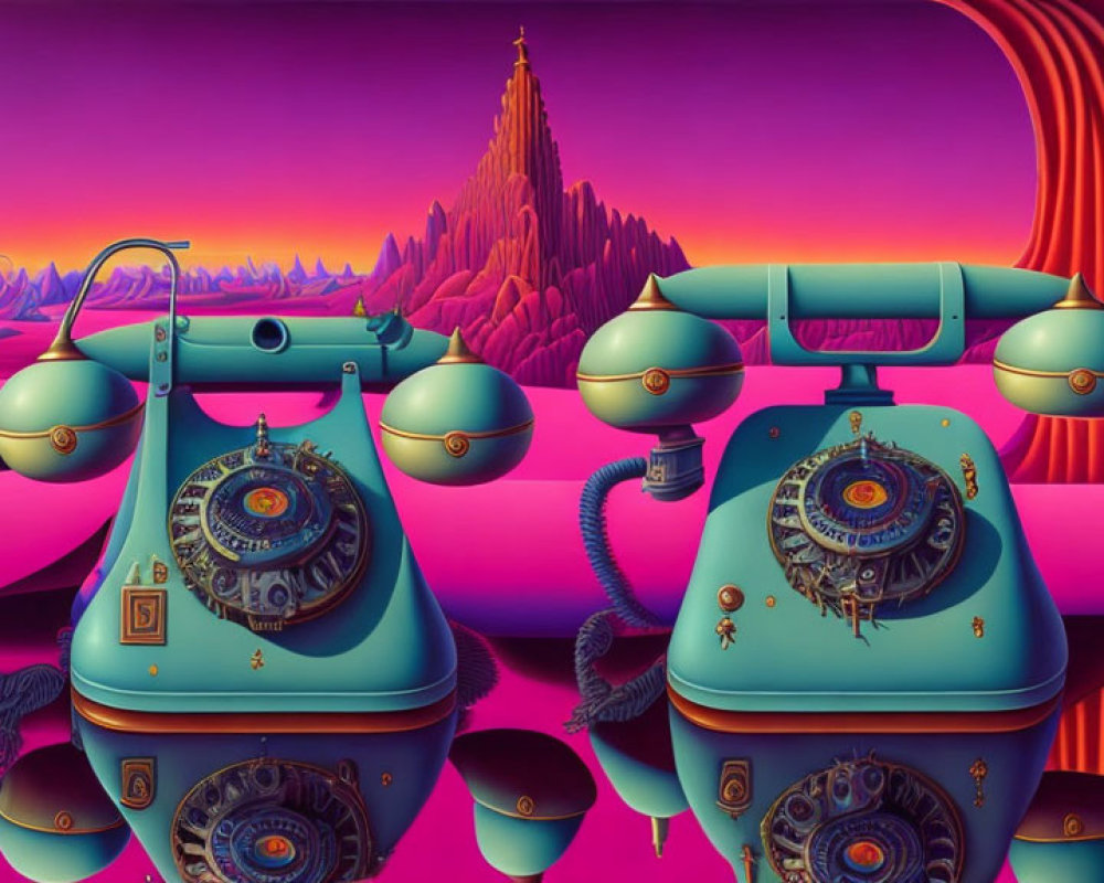 Antique turquoise telephones in surreal landscape with vibrant sky