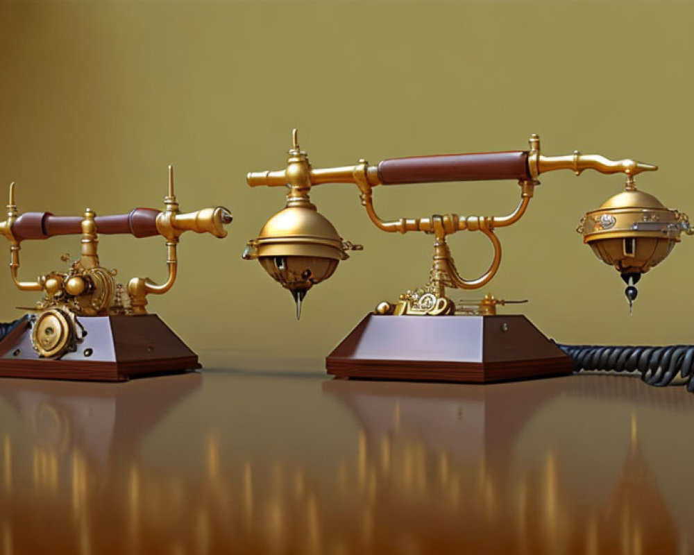 Steampunk-style telephone with brass details on reflective surface