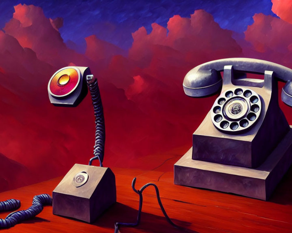 Stylized artwork featuring vintage telephones on red-orange background