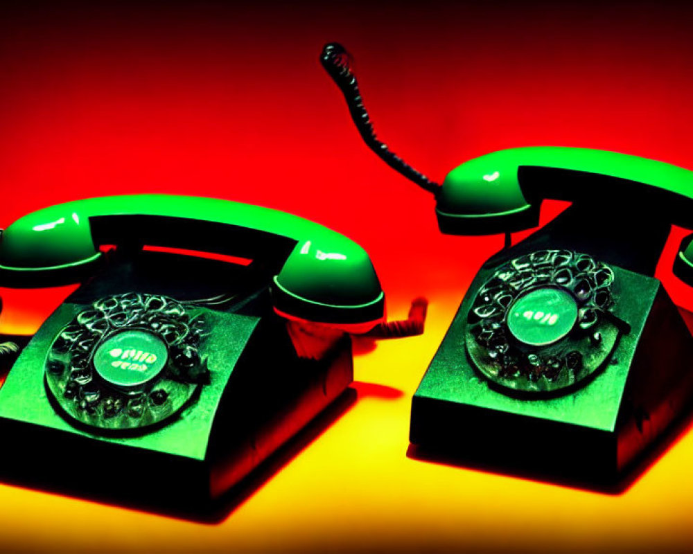 Vintage rotary phones with green handsets under red and yellow lighting casting dramatic shadows.