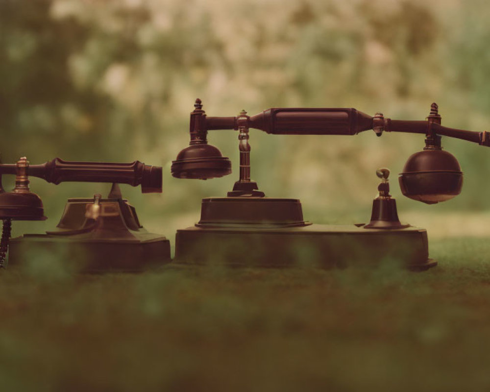 Vintage Candlestick Telephones Connected by Handset on Blurred Green Background