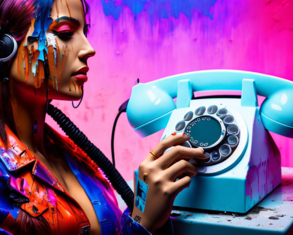 Colorful makeup woman with headphones holding vintage phone on vibrant background