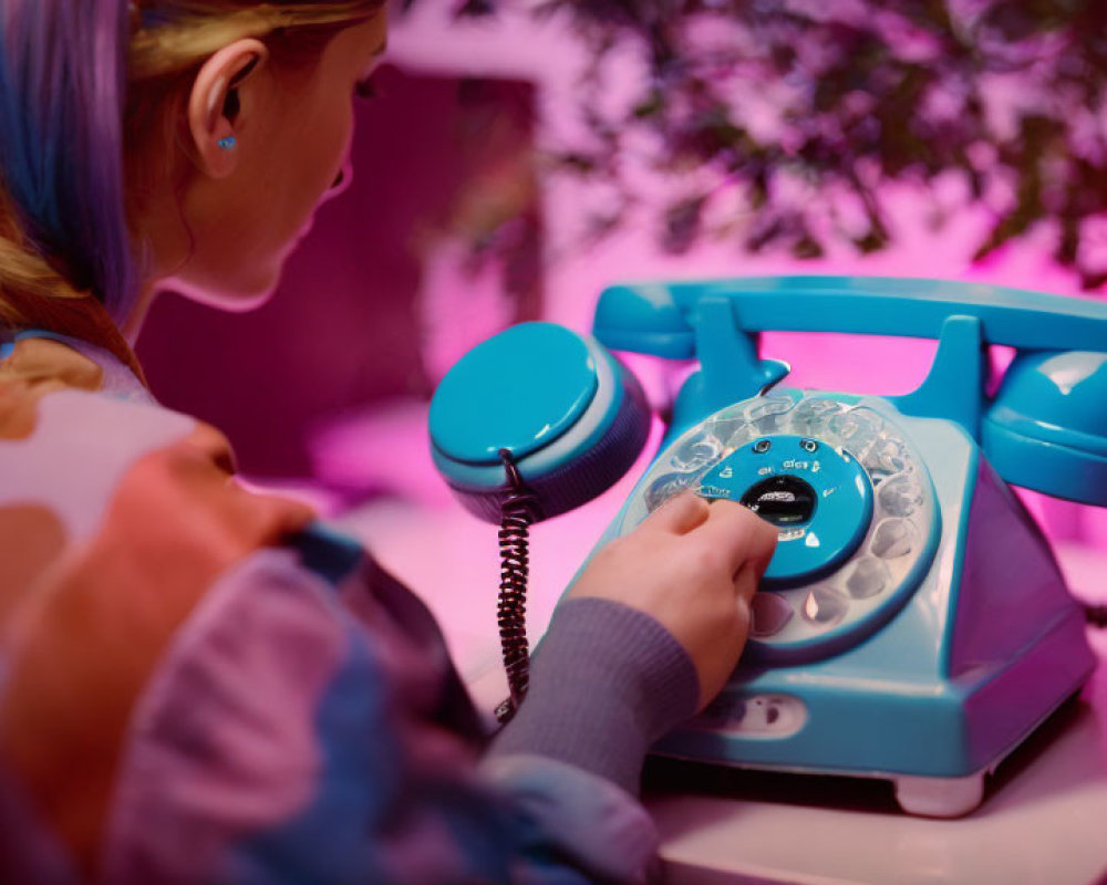 Person dialing vintage rotary phone under pink neon light