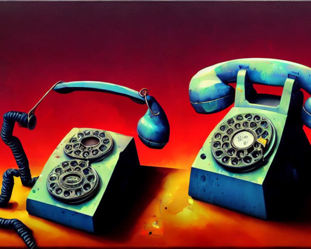 Vintage blue rotary phones with floating receivers linked by tangled cords on red backdrop