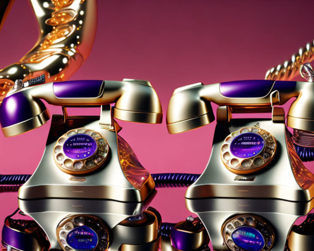 Vintage-style gold and purple telephones on luxurious pink and gold background