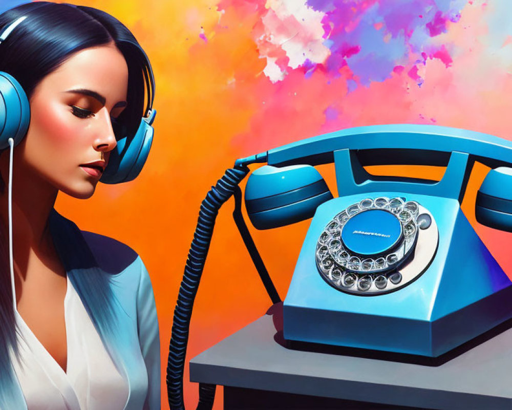 Colorful Artwork: Woman with Headphones and Rotary Phone on Vibrant Background