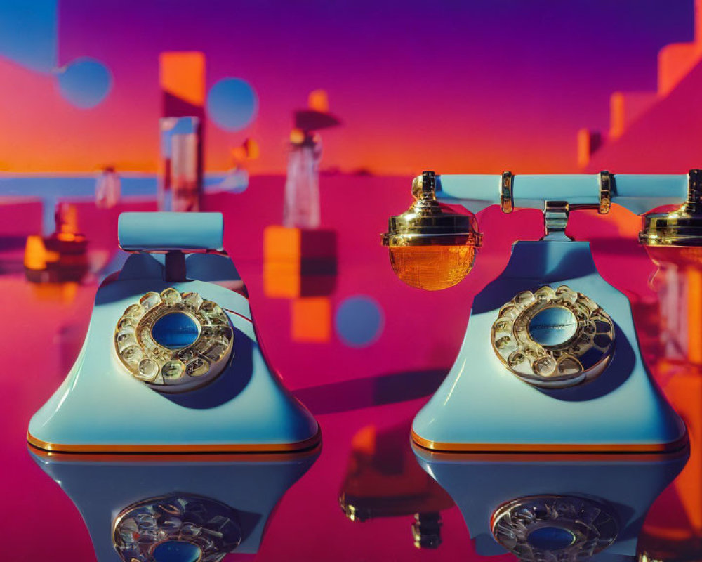 Classic Blue and White Rotary Phones on Reflective Surface with Geometric Shapes and Silhouette