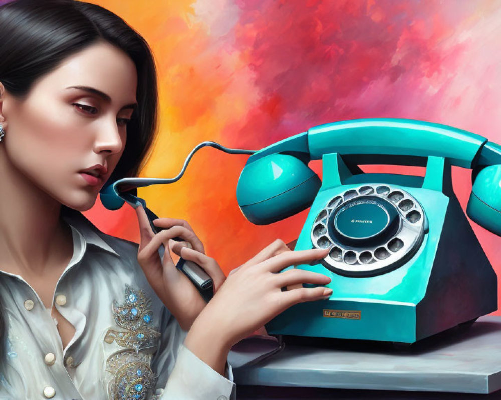 Dark-haired woman holding vintage teal rotary phone against colorful abstract background