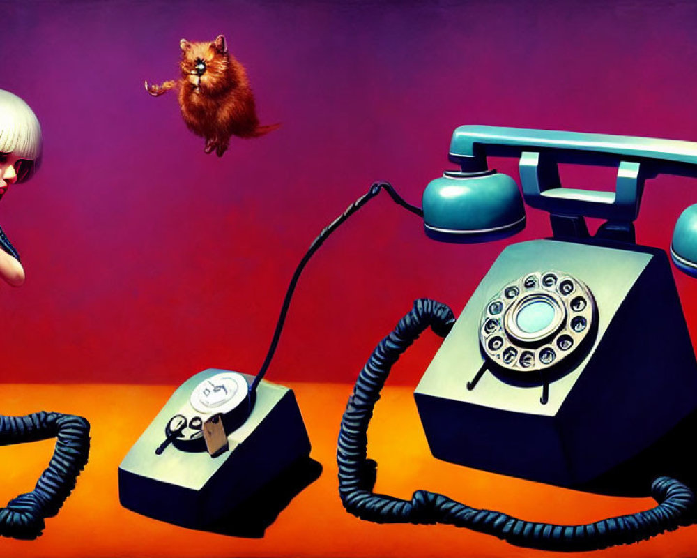 Stylized artwork of girl with white hair and flying cat on vintage phones