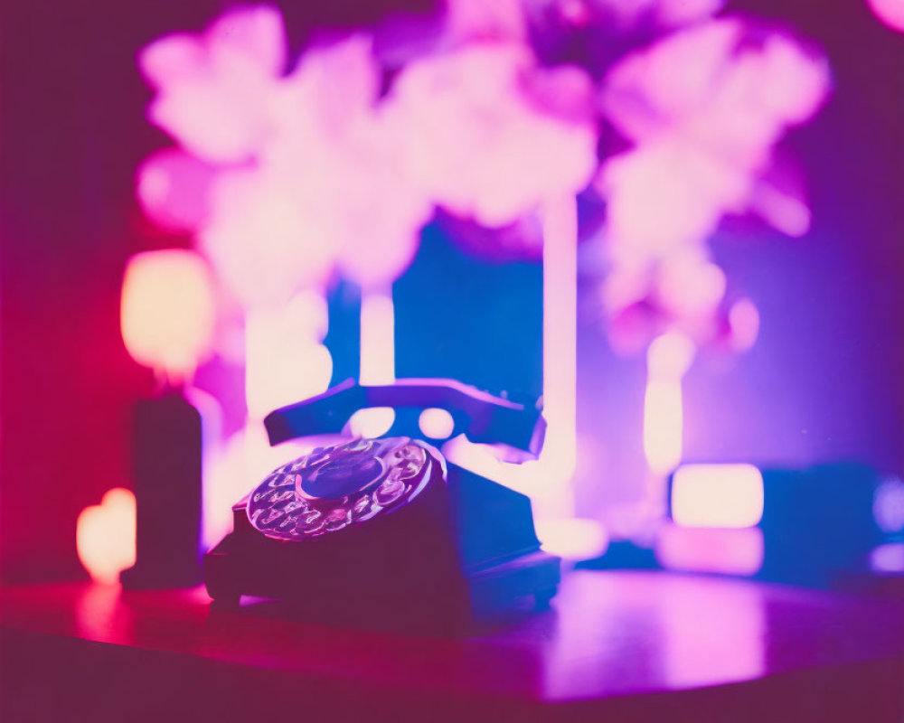 Vintage Rotary Phone on Table with Pink and Purple Lights