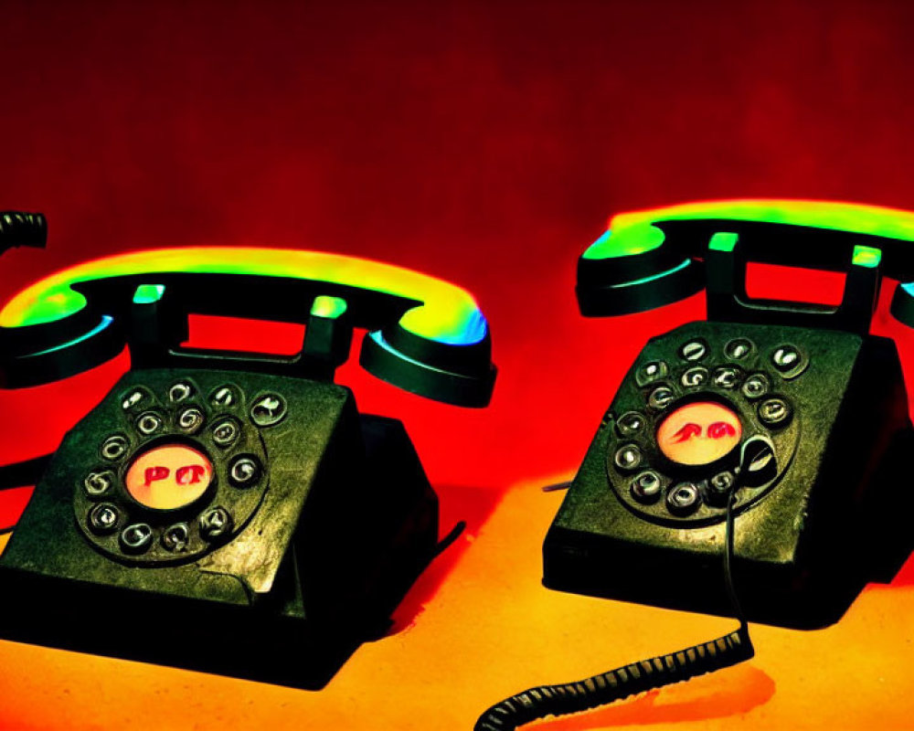 Vintage rotary phones with neon green light on red background