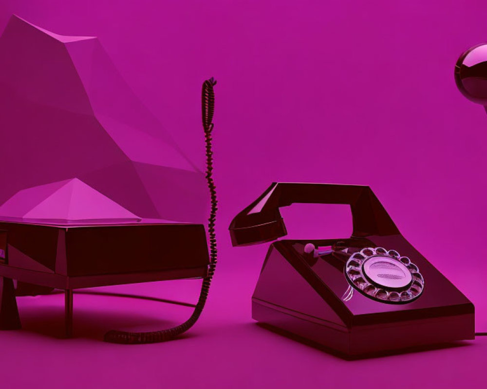 Monochromatic purple image with vintage phone and geometric sculpture