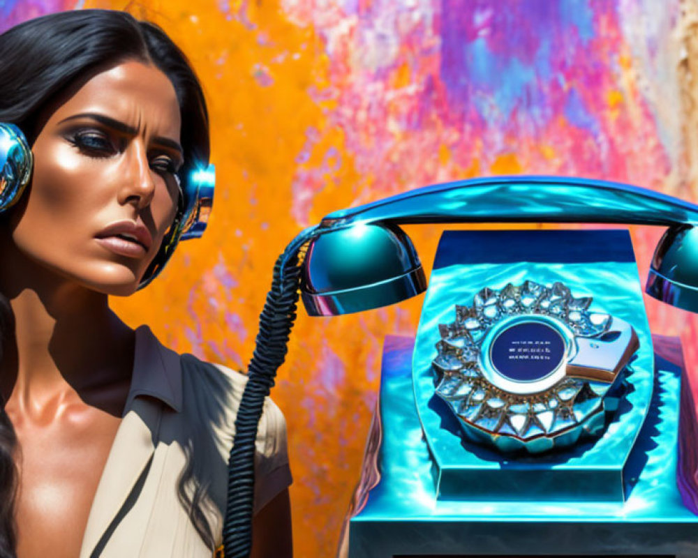 Futuristic headphones woman with blue rotary phone on abstract background