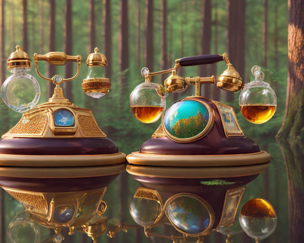 Vintage telephones with glowing liquid in glass flasks, set in forest with reflective surface