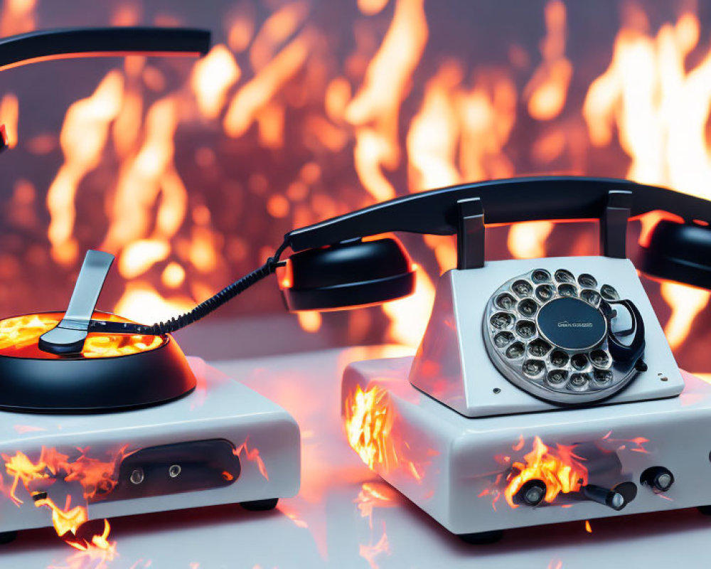 Vintage rotary phone and lit cigarette with flame effects on fiery backdrop