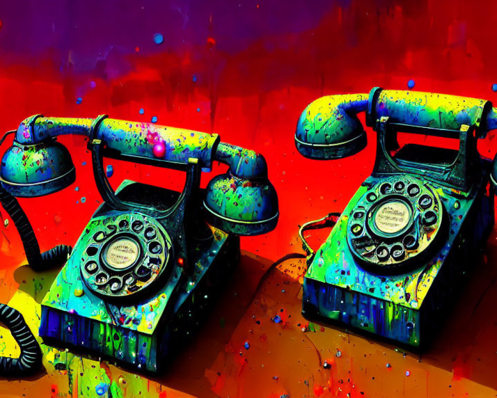 Colorful Paint Splatter Vintage Rotary Telephones on Vibrant Red Background