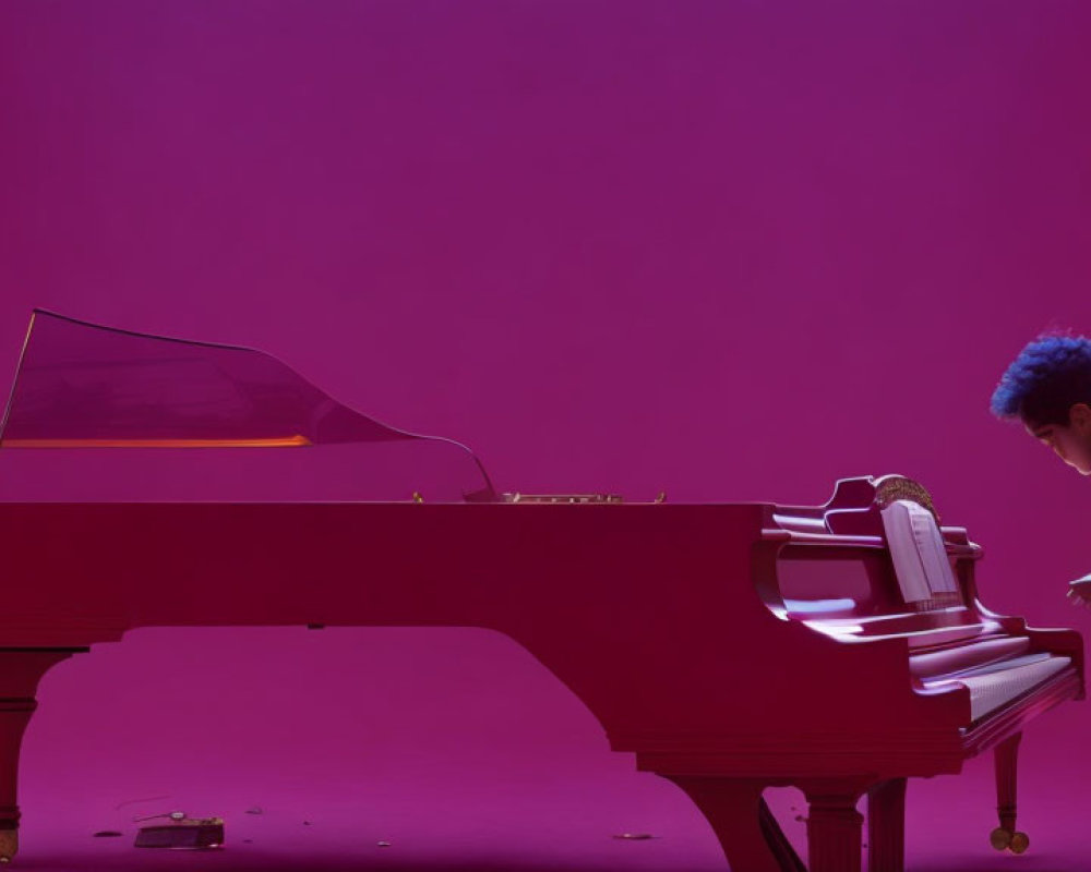 Blue-haired individual at red grand piano in purple-lit room