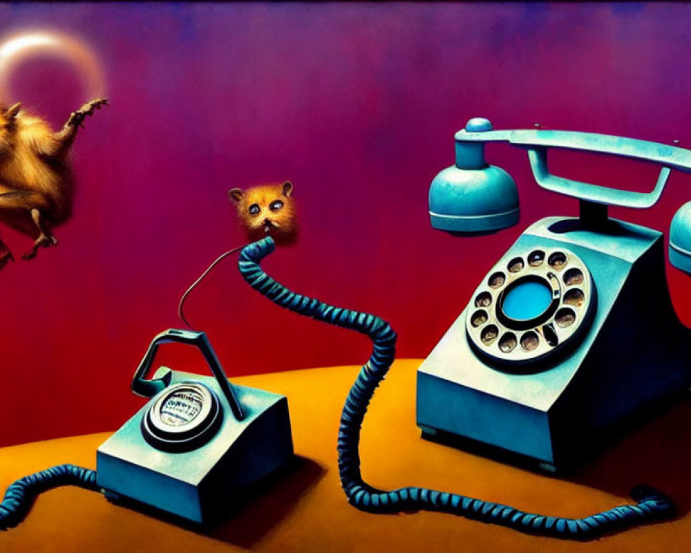 Surreal artwork: flying cats with human-like faces, vintage telephones, red backdrop, solar