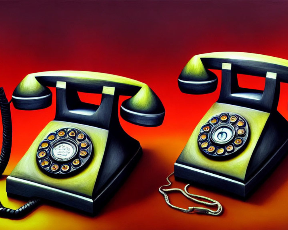 Vintage rotary dial telephones on red-orange gradient background