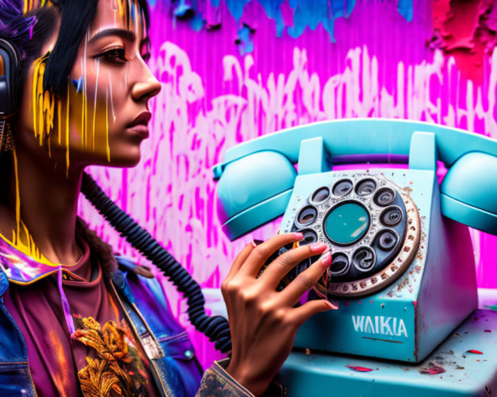 Colorful Makeup Woman with Retro Phone in Graffiti Background