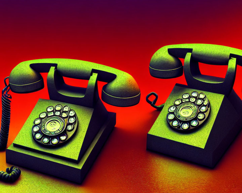 Vintage Rotary Dial Telephones on Red-Orange Surface