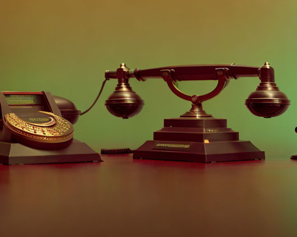 Vintage Rotary Dial Phones on Desk with Old-Fashioned Receiver