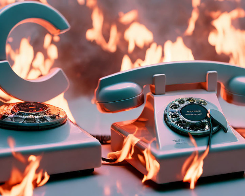 Vintage rotary telephone surrounded by stylized orange flames on cool-toned background