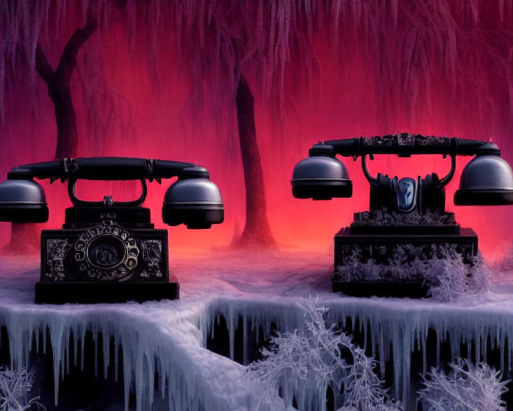 Vintage telephones on icy surfaces with surreal forest backdrop.