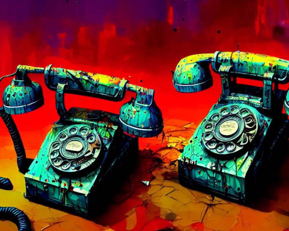 Vintage turquoise rotary dial telephones on red-orange background, aged with surface cracks.