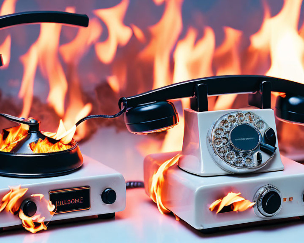 Vintage telephones ablaze on hotplates against flames.