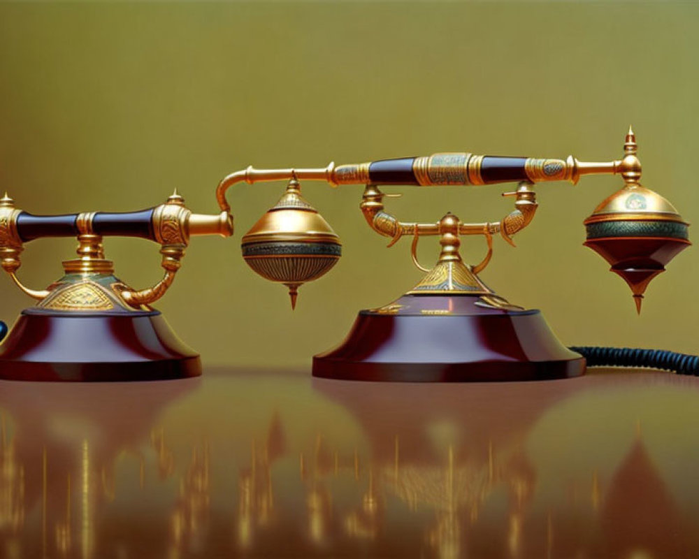 Vintage ornate telephones on reflective surface with golden backdrop.