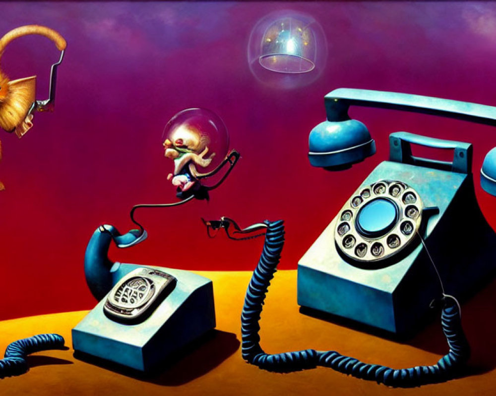 Whimsical painting of kittens playing with vintage telephones on surreal red background