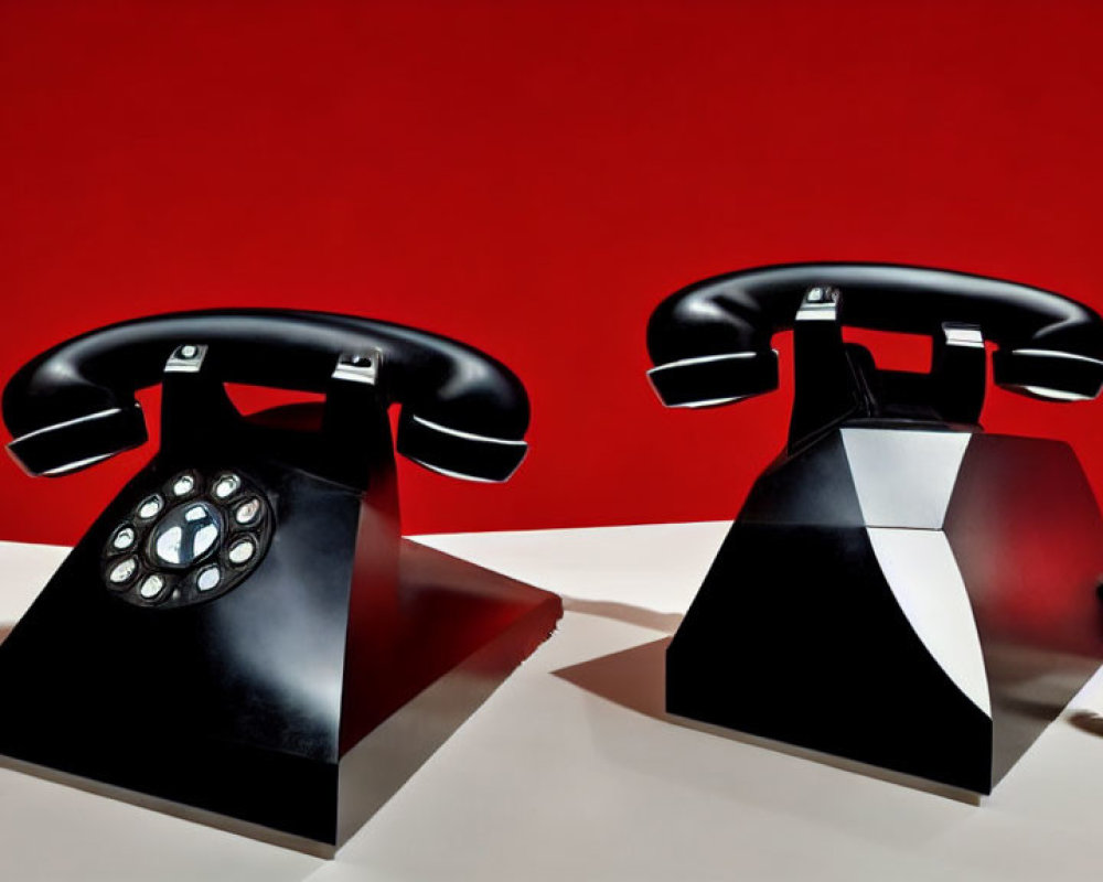 Vintage Black Rotary Telephones with Handsets Against Red Background