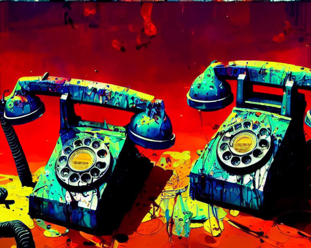 Vintage Rotary Telephones Splattered with Colorful Paint on Vibrant Red Background