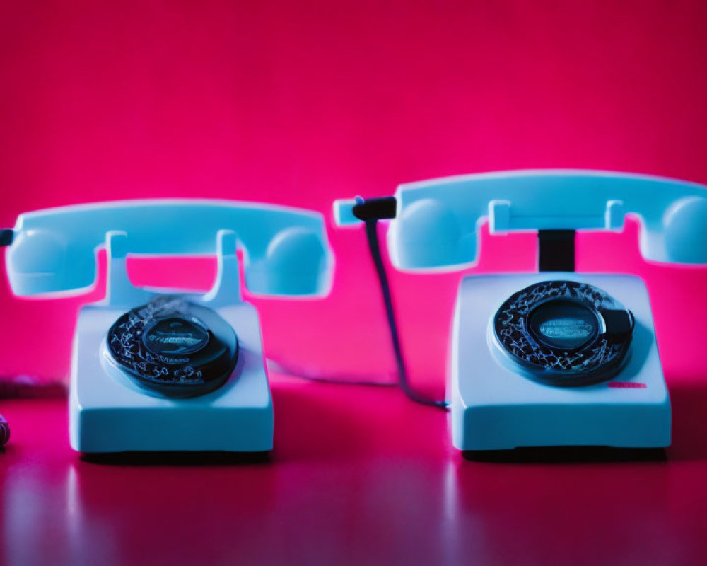 Vintage telephones on red background: one off-hook, receiver lifted.