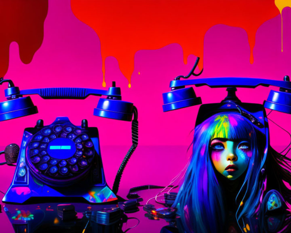 Colorful digital artwork: telephone, girl with blue hair, neon pink and purple backdrop